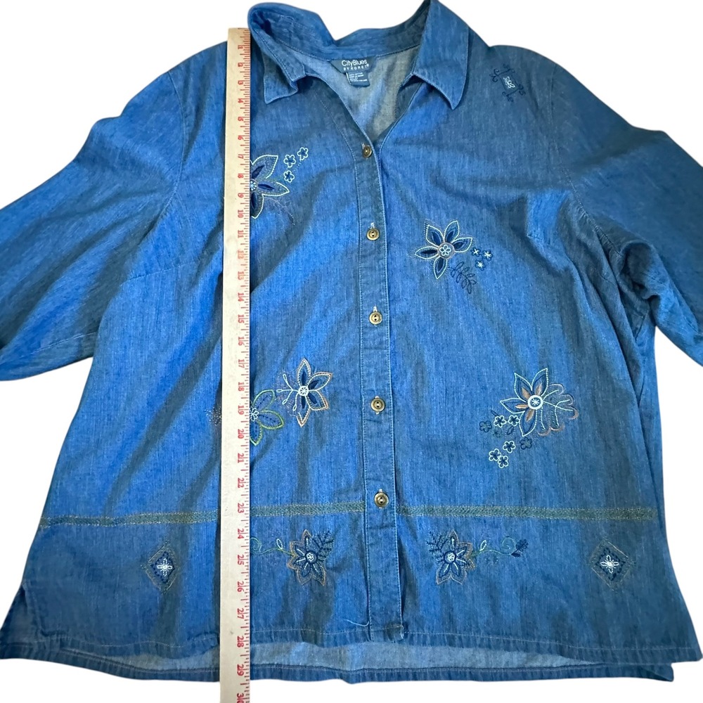 City Blues by Koret Denim Shirt‎ 3X Embroidered Flowers 3/4 Sleeve Button Up - Picture 5 of 12